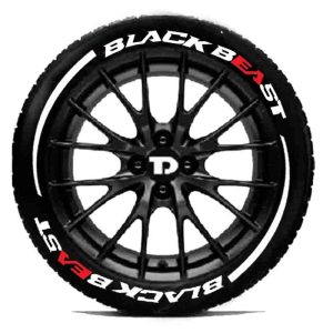 Customized Permanent Rubber Tyre 3D Stickers for Car Tyre_ (Sticker for 4 Tyres) Design - Black Beast & Flare Arc, White
